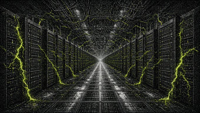 A dark, futuristic tunnel or server room lined with towering server racks, illuminated by dramatic yellow lightning-like arcs striking between the structures.