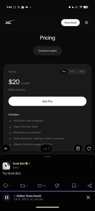 A screenshot of Grok's X Premium pricing page showing the Pro tier at $20/month with features like "Grok Bot's own computer" and "Signs into your tools," aligning with the post's claim about accessing Grok Bot for US$20/m.