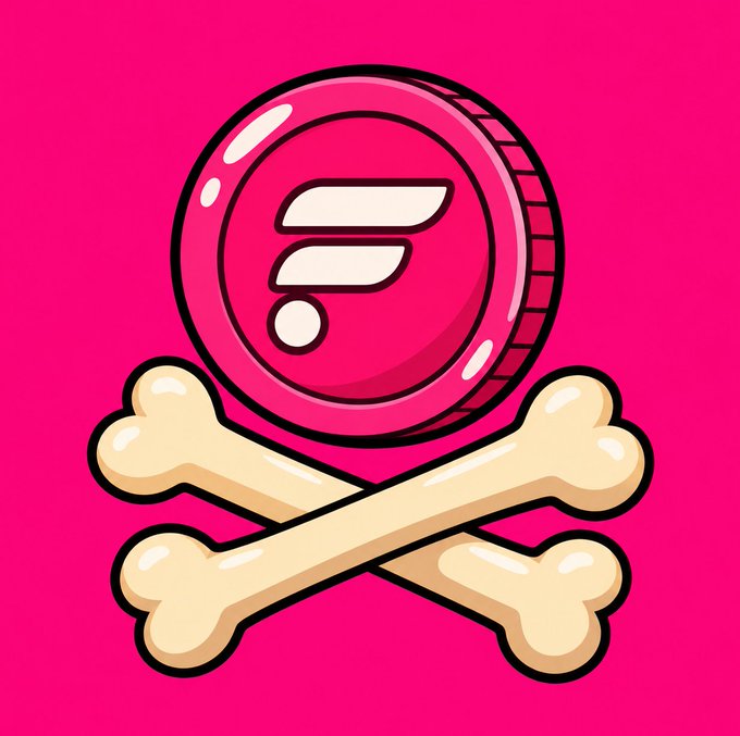 A cartoon illustration of a pink crypto coin with a stylized 'F' logo sitting atop crossed bones on a hot pink background.