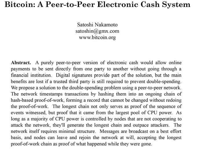 The opening page of the Bitcoin whitepaper titled 'Bitcoin: A Peer-to-Peer Electronic Cash System' by Satoshi Nakamoto, displaying the abstract text.