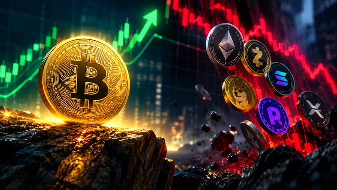 A dynamic financial graphic displaying a large golden Bitcoin coin resting on a rock, with various cryptocurrency coins like Ethereum and Zcash floating alongside red and green stock market trend lines.