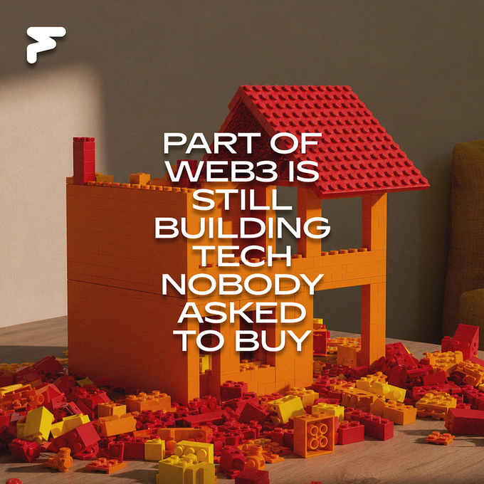The image depicts a partially constructed orange and red Lego house surrounded by a chaotic pile of unused Lego bricks, with overlaid text reading "PART OF WEB3 IS STILL BUILDING TECH NOBODY ASKED TO BUY." The unfinished Lego structure serves as a visual metaphor for the post's critique of Web3 companies creating products without real demand, while the scattered bricks symbolize the untapped potential waiting to be assembled into something meaningful—mirroring the message about startups that build genuinely useful tech but struggle with go-to-market strategy.