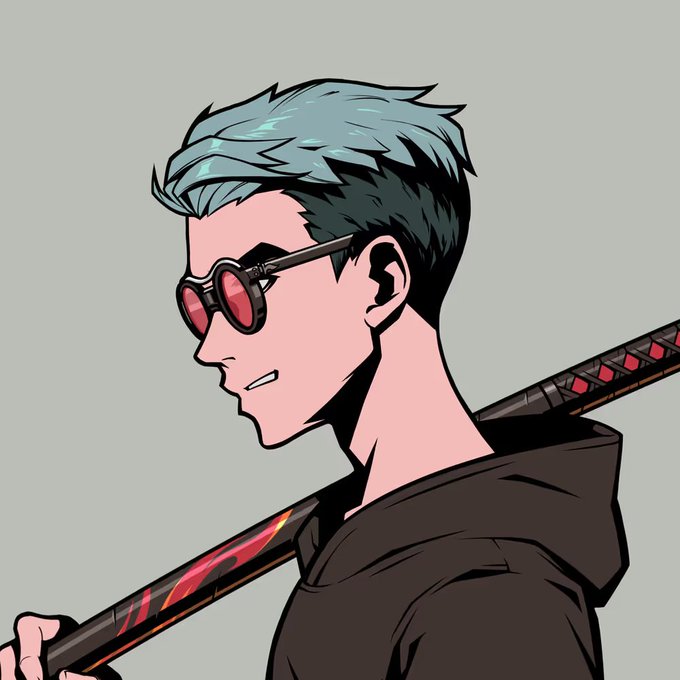 A stylized digital illustration in profile of a character with teal hair, red-tinted round glasses, and a black cloak, carrying a katana with a red-bladed scabbard on their back.
