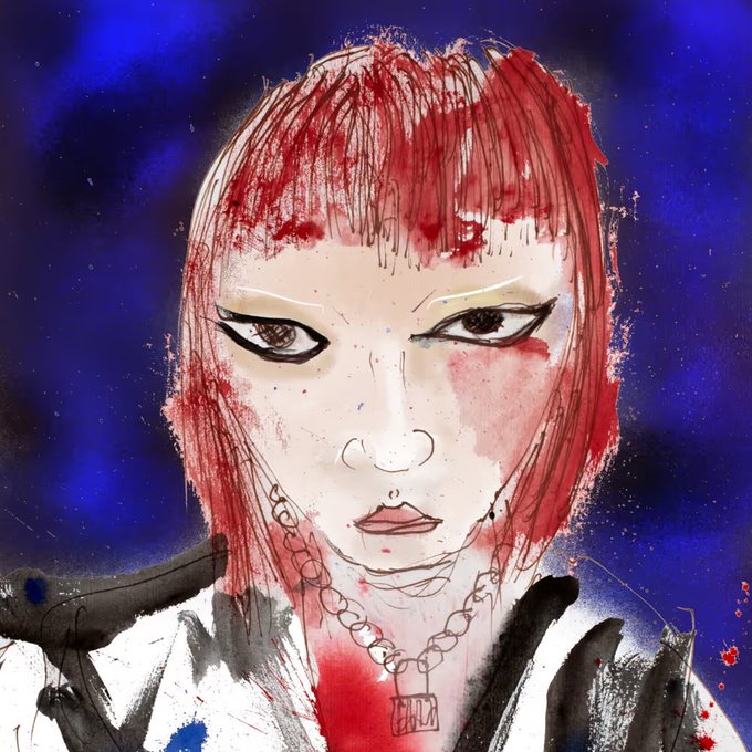 The image features a redheaded woman with a chain necklace around her neck. The painting has a dark blue background that contrasts with the red hair of the woman, making her stand out prominently. The artist's signature can be seen at the bottom right corner of the image.