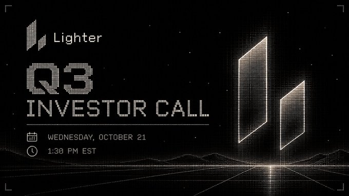A digital graphic announces 'Lighter Q3 INVESTOR CALL' scheduled for 'WEDNESDAY, OCTOBER 21, 1:30 PM EST' against a dark background with the Lighter logo.