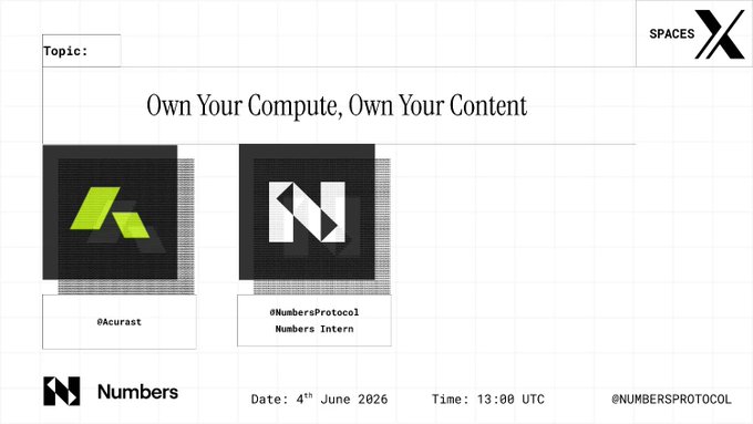 The image features a poster for an event called "Numbers Protocol" which is happening at Spaces X. The poster includes two logos, one black and white with a green triangle and the other black and white with a yellow triangle. The text on the poster states that Numbers Protocol will be joining Spaces X to discuss verifiable AI agents and what it means to run autonomous agents on infrastructure that can prove what they did.