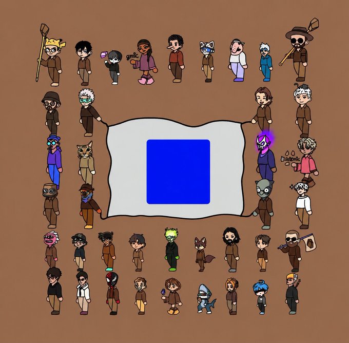 A digital illustration featuring a border of cartoon-style characters with diverse designs (wizards, warriors, animals) surrounding a blank white flag with a blue square in the center, set against a brown background.
