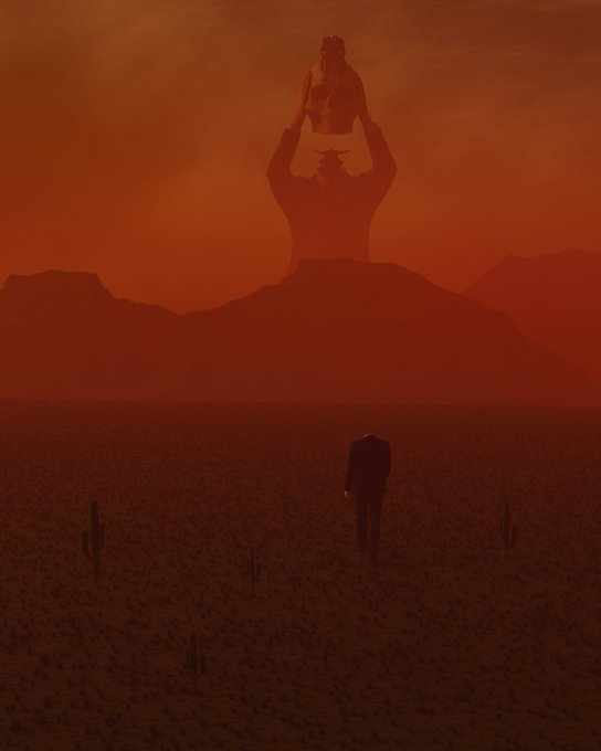 A lone figure in a suit walks across a desolate desert landscape scattered with cacti, approaching a colossal translucent figure that hovers above the mountains against a deep crimson sky—evoking the surreal, ritualistic atmosphere suggested by the title "The Offering" on @objktcom.
