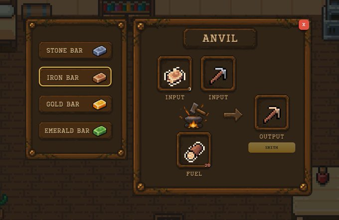 The image displays a crafting interface titled "ANVIL" with options to combine materials like "IRON BAR" and "FUEL" (with a value of 20) to produce tools, with the output labeled "SMITH." The highlighted iron bar selection demonstrates the game's crafting mechanic, aligning with the Season 1 Crafting announcement on Solana.