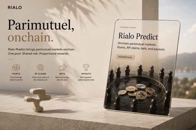 A promotional image for Rialo announcing 'Rialo Predict - Coming Soon' with parimutuel onchain markets, featuring features like Points, RP Claims, Bets, and Payouts, alongside a 3D rendered display of the product.