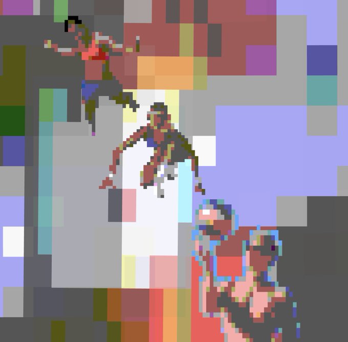 A heavily pixelated image featuring a figure jumping or falling at the top and a character wearing sunglasses and a red outfit in the lower right corner.