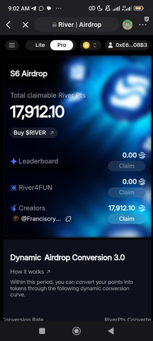 A mobile app screen showing the 'River | Airdrop' page with 17,912.10 total claimable River Pts, including categories for Leaderboard, River4FUN, and Creators, with a 'Dynamic Airdrop Conversion 3.0' section below.