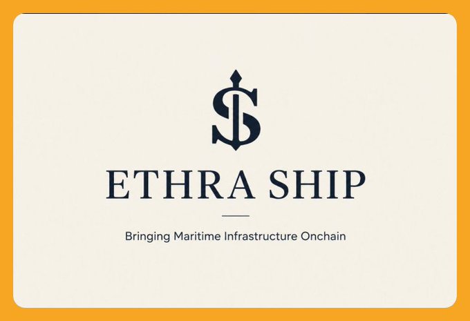 Logo card for Ethra Ship with the tagline 'Bringing Maritime Infrastructure Onchain' on a cream background with an orange border.