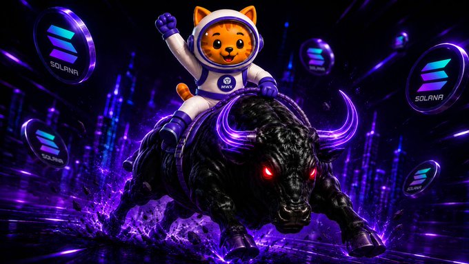 A vibrant digital artwork featuring a cat in a space suit riding a glowing purple-eyed bull, surrounded by floating Solana (SOL) coin logos against a neon cyberpunk cityscape.