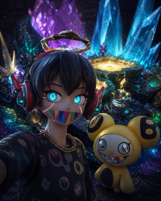 3D anime-style rendering of a character with dark hair, glowing blue eyes, colorful striped face mask, red and black headphones, and a golden halo, accompanied by a yellow bear-like creature with a similar striped grin, set against a vibrant crystal cave background.
