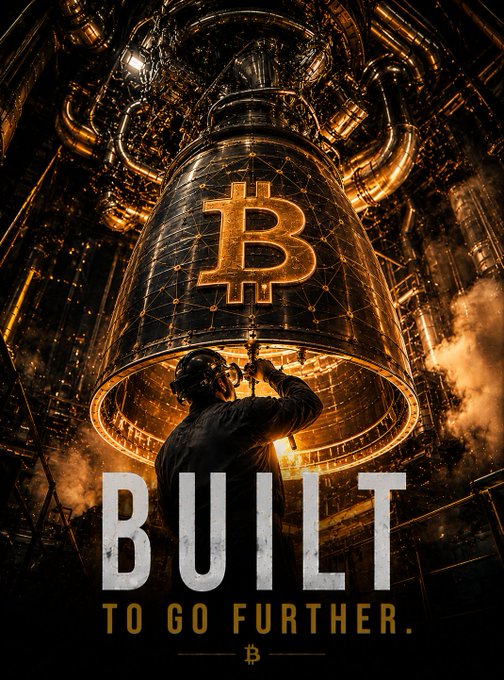 A promotional graphic features a large golden Bitcoin bell and the text 'BUILT TO GO FURTHER.' in bold letters, with a figure standing beneath it in an industrial setting.