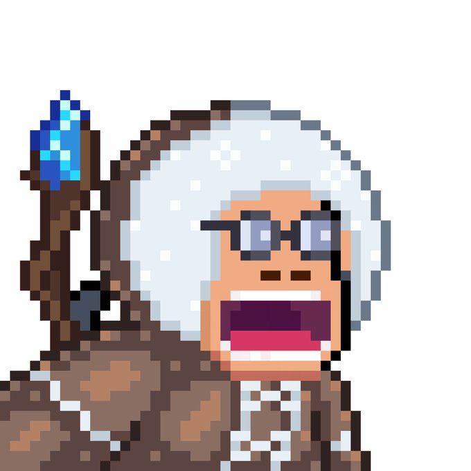 A pixel art portrait depicts a character with white hair, square glasses, and a wide grin, holding a wooden staff topped with a blue crystal, wearing a fur-trimmed coat.