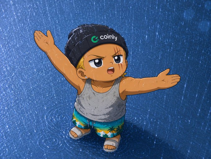 An illustration of a stylized cartoon child wearing a 'coinly' beanie, gray tank top, and tropical shorts, standing in the rain with arms outstretched.