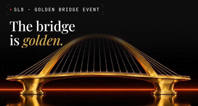 A gleaming golden arch bridge is featured against a dark background with the text "SL8 • GOLDEN BRIDGE EVENT" and "The bridge is golden." The luxurious golden visual reinforces the event's branding, symbolically representing how Sl8's Golden Bridge Event connects multiple tokens (USDC, USDT, SOL, XRP, and RLUSD) through enhanced staking yields across various lockup tiers.