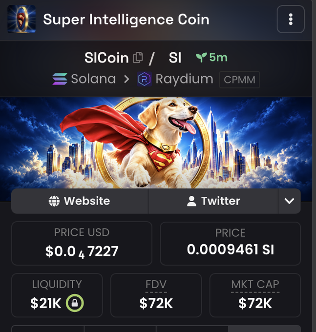 A cryptocurrency tracker page displays 'Super Intelligence Coin' (SICoin / SI) on Solana via Raydium, priced at $0.047227 USD with $21K liquidity and $72K market cap.