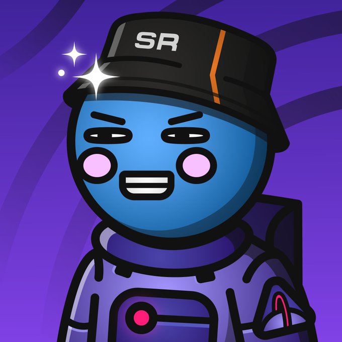 A cartoon-style illustration of a blue-skinned character wearing a black cap with 'SR' written on it, dressed in a futuristic purple outfit against a purple swirled background.