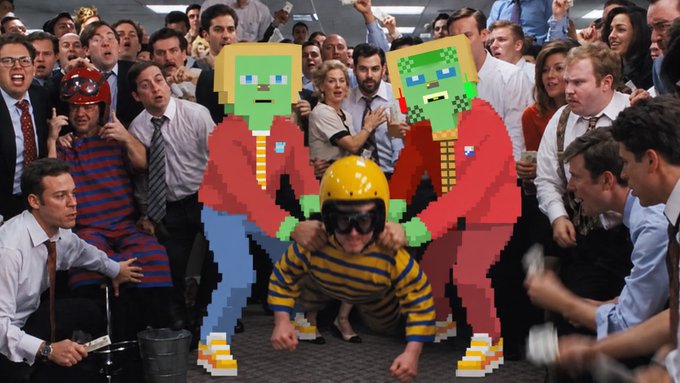 A composite image combining a still from the film 'The Wolf of Wall Street'—showing a chaotic office scene with a man crawling on the floor—overlaid with two pixel-art zombie characters in red jackets and yellow helmets.