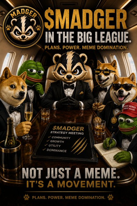 Promotional poster featuring '$MADGER IN THE BIG LEAGUE' with Pepe, Doge, and Shiba characters in tuxedos around a meeting table, captioned 'NOT JUST A MEME. IT'S A MOVEMENT.' with items like 'STRATEGY MEETING', 'COMMUNITY', 'GROWTH', 'UTILITY', 'DOMINANCE'.