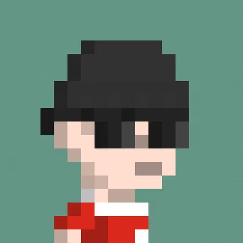 A pixel art portrait of a person with black hair against a teal background, wearing a red and white shirt.