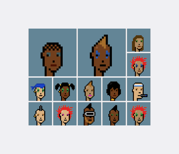 The image features an array of cartoon faces, each with different hairstyles and colors, arranged in two rows against a blue background. The first row consists of six faces, while the second row has eight faces. The faces are diverse in terms of their expressions and hair styles, creating a visually interesting and engaging display. The post about the sales bot for @cryptopunks the VV way is related to this image as it showcases the variety of characters that can be found on social media platforms like Twitter or Instagram.