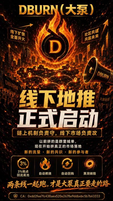 A fiery promotional poster in Chinese for DBURN (大泵), announcing an offline market launch featuring 3% node rewards flow and automated burning and purchasing mechanisms.