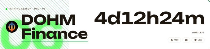 A banner reading 'FARMING SEASON - DROP 06' and 'DOHM Finance' with a countdown timer showing '4d12h24m' remaining, indicating a token sale event.