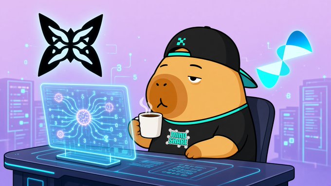 A cartoon capybara wearing a "gQuip" cap sips coffee while looking at a holographic quantum interface, with a butterfly logo and cityscape behind it—visually matching the caption's theme of gQuip exploring how @quipnetwork uses real quantum machines (QVRF/Quantum Echoes) to generate true randomness instead of software seeds.