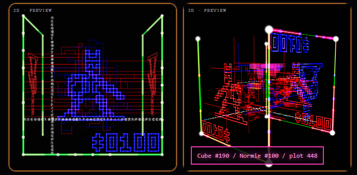 A technical visualization showing 2D and 3D preview views of a normie #100 plot (#448) on a Cube world, displaying the wireframe structure and coordinate grid system of the virtual space.