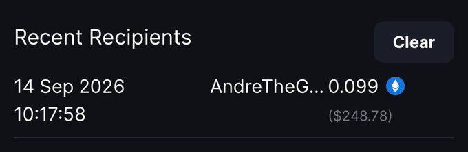 A "Recent Recipients" interface displays a transaction dated 14 Sep 2026 at 10:17:58, sending 0.099 ETH (approximately $248.78) to user "AndreTheG..." alongside an Ethereum icon, aligning with the announcement congratulating @andreEth006 on winning the latest Metawin giveaway.