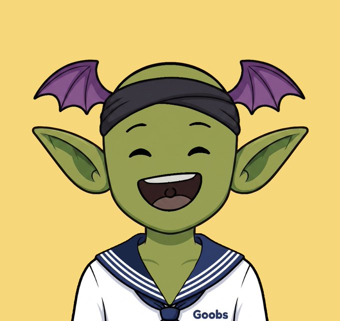 A cheerful green-skinned character with purple bat wings, pointed ears, and a sailor-style headband smiles joyfully against a yellow background, with the text "Goobs" visible on their outfit—representing the playful g00bs brand mascot featured in a giveaway promotion encouraging users to submit creative comments for a chance to win one of 10 guaranteed spots before mint.