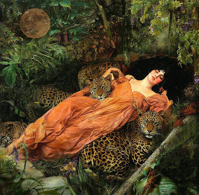 A classical painting depicting a woman in an orange dress reclining peacefully among leopards in a lush jungle setting with a full moon overhead.