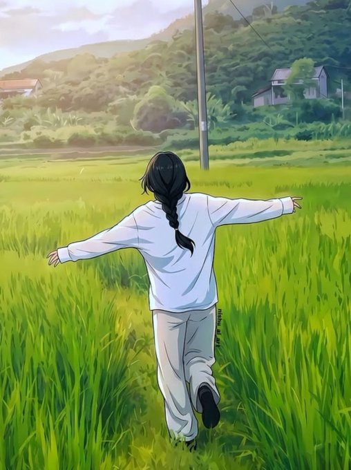An anime-style illustration of a person with a long black braid running through a lush green rice field with their arms outstretched toward a village in the distance.
