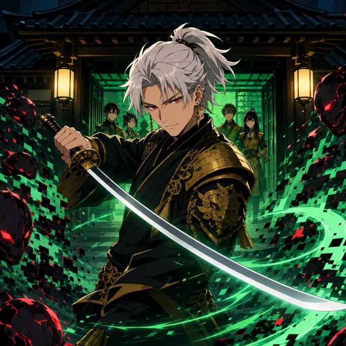 An anime-style illustration features a white-haired male warrior drawing a katana, surrounded by green energy and red rocks, with other characters standing in the background of a traditional Japanese setting.