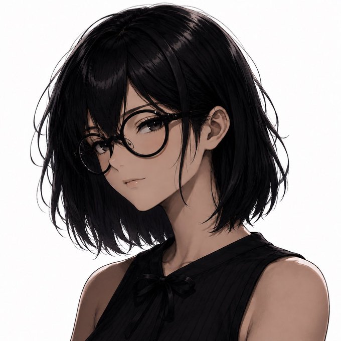 An anime-style illustration of a young woman with short black hair, round glasses, and a black sleeveless top with a bow, looking over her shoulder.