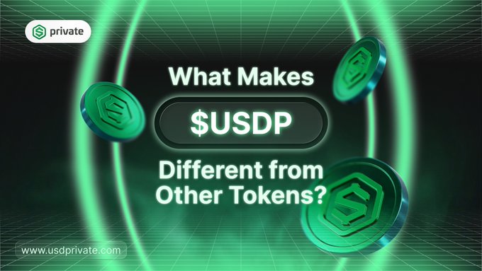 The image features three green coins floating around, with one of them labeled "USDP" and another one labeled "general tokens". The coins are positioned at different angles, creating a sense of movement within the scene. The text above the coins reads "What Makes $USDP Different from Other Tokens?". This suggests that the coin is related to USDC and has some unique characteristics compared to other types of tokens or general tokens in the cryptocurrency market.