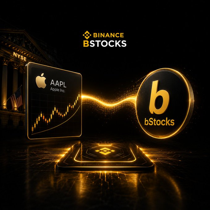 The image depicts a sleek, glowing promotional graphic for "Binance bStocks," featuring an Apple Inc. (AAPL) stock chart on a digital display connected by an illuminated energy stream to a gold "bStocks" coin, all set against the backdrop of the NYSE building. The visual ties directly into the post's explanation by illustrating the concept of bStocks as digital assets linked to real stock values—specifically using Apple as the example of a traditional stock whose performance is mirrored through the bStocks tokenized system.