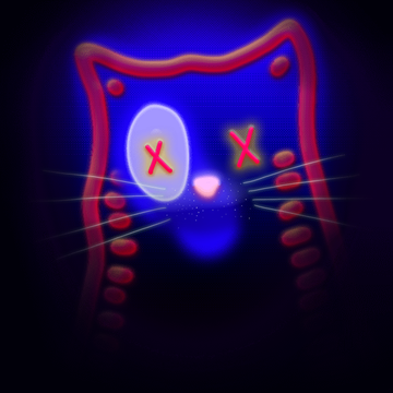 The image shows a stylized, neon-glowing digital cat figure with red "X" marks on its eye areas and a small heart near its nose, set against a dark blue background. This cryptically hints at the "Bitcoin Cat" being promoted in the accompanying post, while the somber, almost funereal mood (closed "X" eyes, dim lighting) contrasts ironically with the excitement around the free mint.