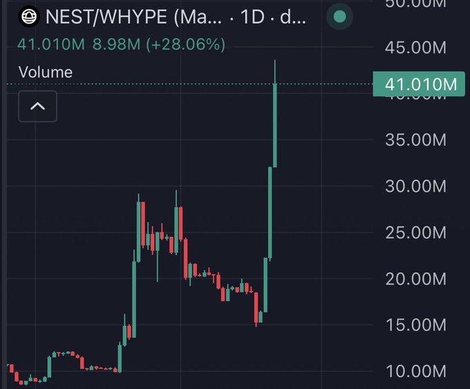A financial chart for the NEST/WHYPE trading pair on Hyperliquid shows a dramatic price surge, climbing from around 10M to 41.010M—an increase of 28.06% (or 8.98M) on the day—visually confirming the poster's claim of overnight gains and doubling holdings.