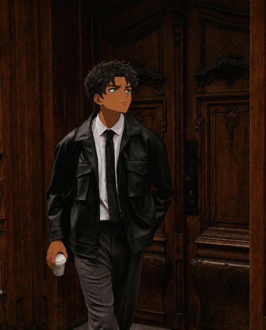 An anime-style illustration of a young man with curly dark hair, green eyes, and a black leather jacket standing in front of an ornate wooden door, holding a coffee cup.