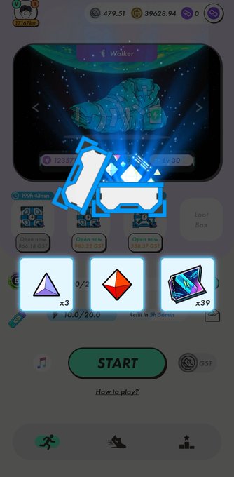 A mobile game interface showing a 'Walker' character and resource counters (479.51, 39628.94), with timers indicating items ready in 12d, 7h, and 5h, and a large blue arrow pointing toward resource icons (x3, x39) above a green START button.