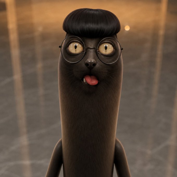 A 3D animated black cat character with an exaggerated bowl-cut hairstyle, round glasses, and its tongue sticking out stands against a textured gray background.