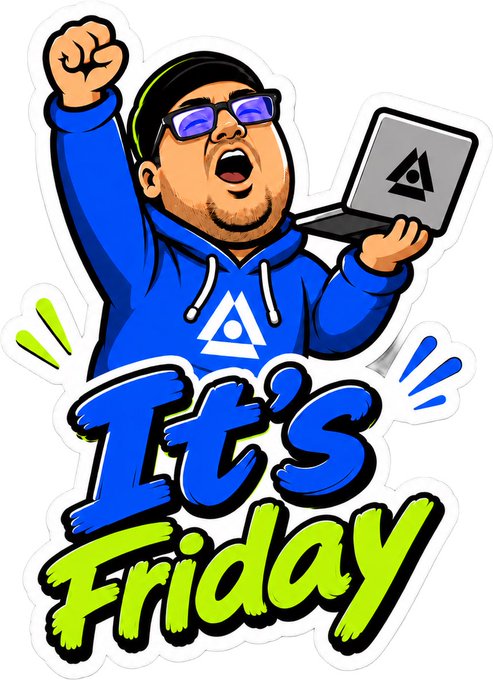 A man in a blue hoodie celebrates with a raised fist and laptop, above bold text reading "It's Friday" in blue and green. The image ties directly to the post's "#TGIF" vibe, capturing Friday's excitement and good-morning energy.