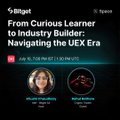 A promotional graphic for a live X Space featuring Ada Pfrommer and Anton Filatov, titled "From Curious Learner to Industry Builder: Navigating the UEX Era," scheduled for Wednesday, July 16, 2025, at 12:00 PM EST, with an Apillon logo in the top left corner.