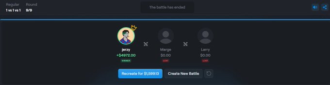 A Holos.gg battle results screen shows user "jerzy" winning $4,972.00 (with a $5,059.03 cashout option) against opponents "Marge" and "Larry" who each bet 90.00 and lost, celebrating the $5,000 win referenced in the post.
