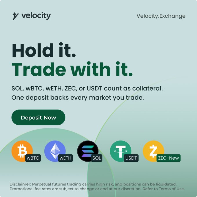An advertisement for Velocity.Exchange reading 'Hold it. Trade with it.' promoting the use of cryptocurrencies wBTC, wETH, SOL, USDT, and ZEC as collateral for trading, with a 'Deposit Now' button.